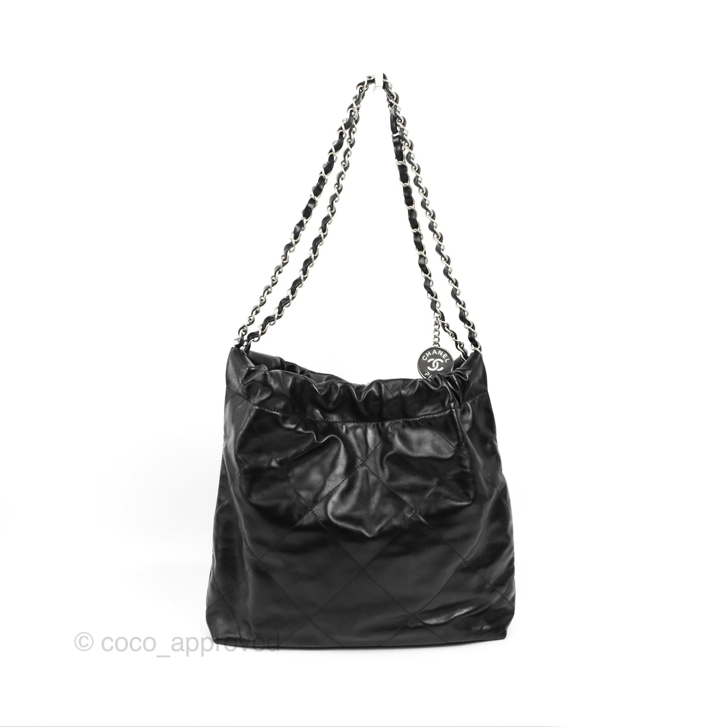 Chanel 22 Small Black Shiny Calfskin Matte Silver Hardware