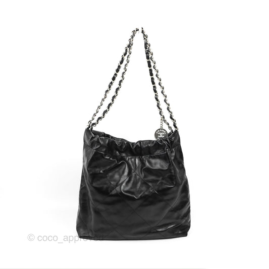 Chanel 22 Small Black Shiny Calfskin Matte Silver Hardware