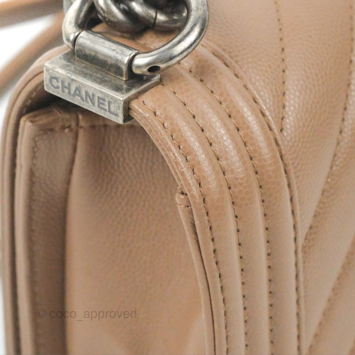 Chanel Small Chevron Boy Taupe Caviar Ruthenium Hardware