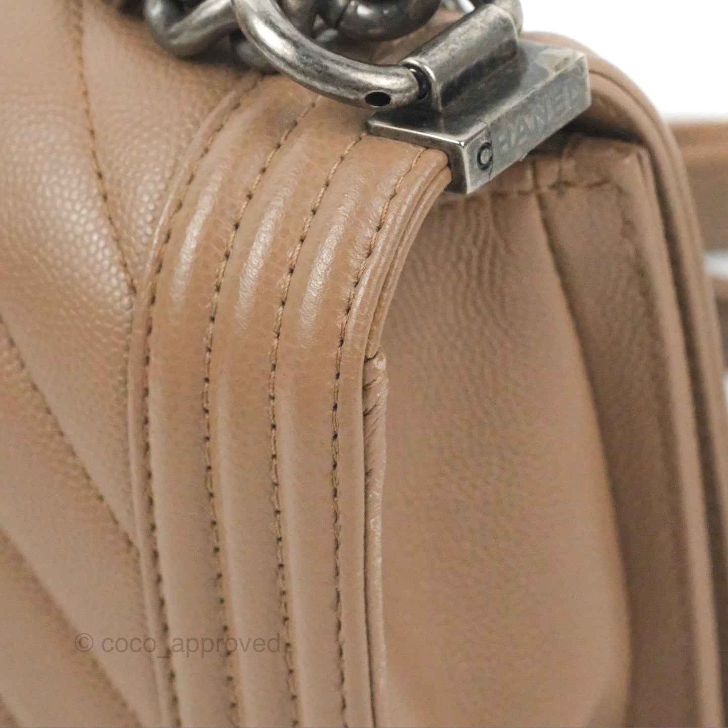 Chanel Small Chevron Boy Taupe Caviar Ruthenium Hardware