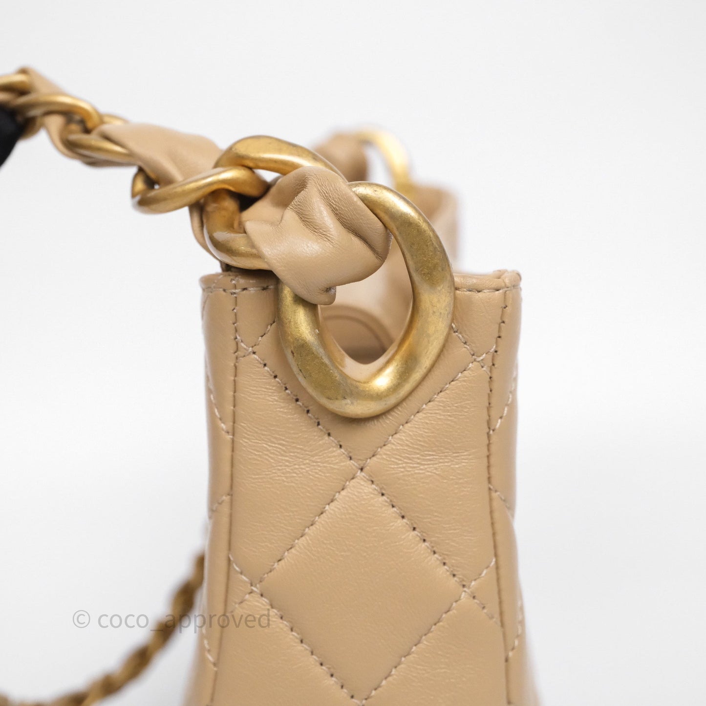 Chanel Quilted Hobo Tote Bag Beige Aged Gold Hardware