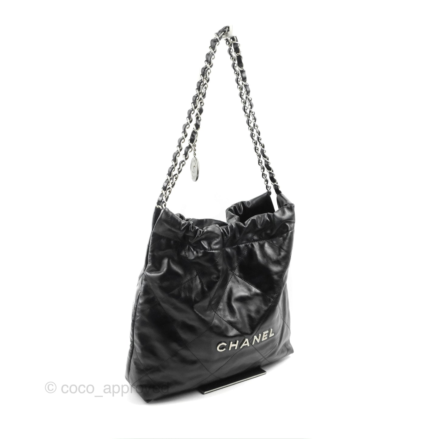 Chanel 22 Small Black Shiny Calfskin Matte Silver Hardware