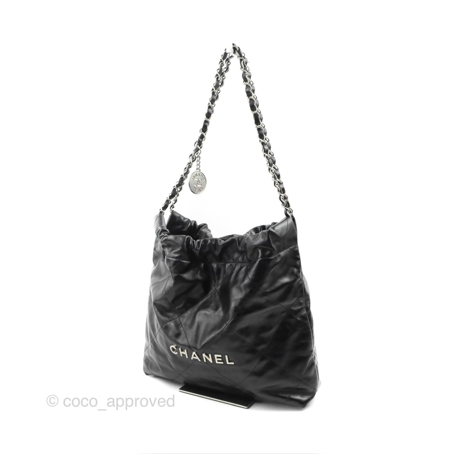 Chanel 22 Small Black Shiny Calfskin Matte Silver Hardware