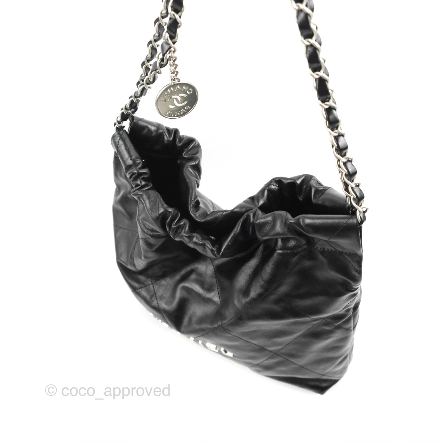 Chanel 22 Small Black Shiny Calfskin Matte Silver Hardware