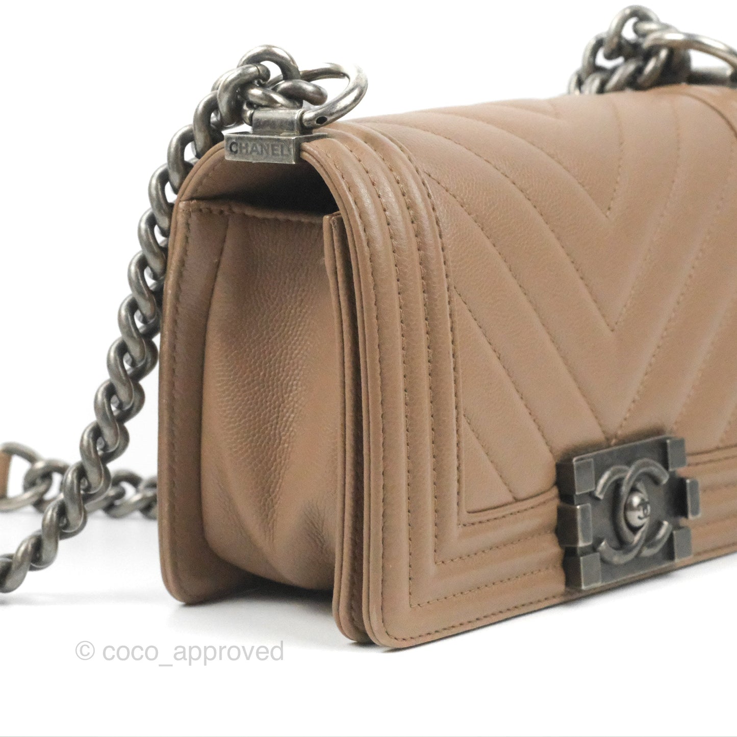 Chanel Small Chevron Boy Taupe Caviar Ruthenium Hardware