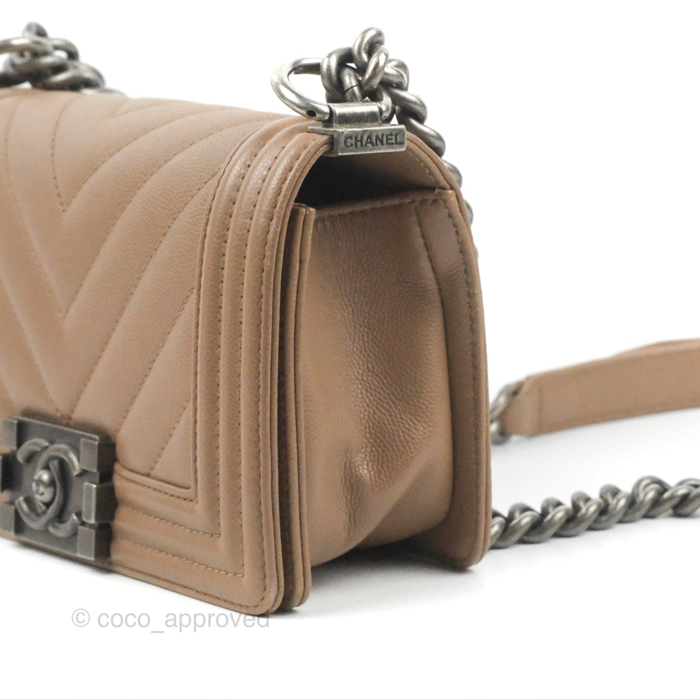 Chanel Small Chevron Boy Taupe Caviar Ruthenium Hardware