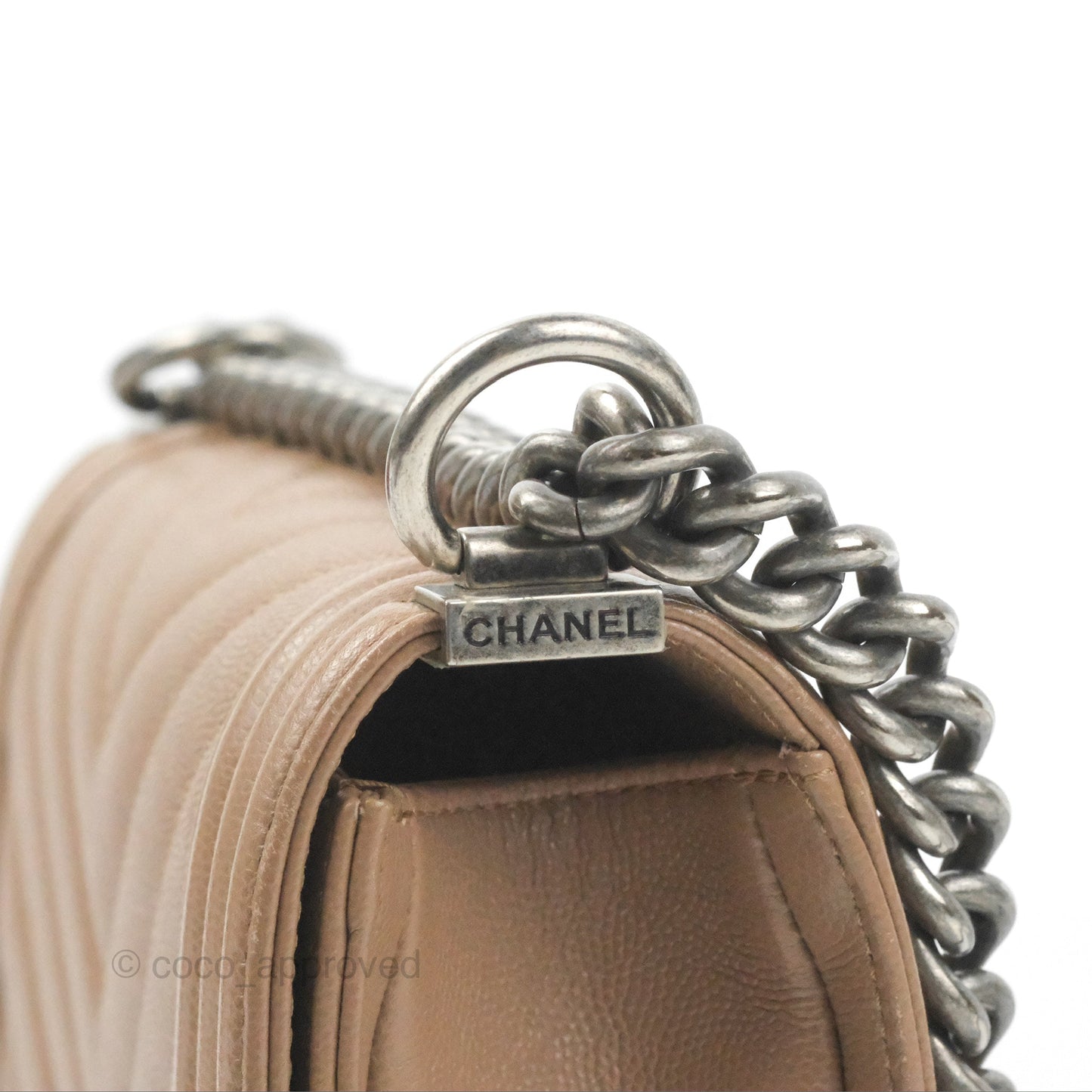 Chanel Small Chevron Boy Taupe Caviar Ruthenium Hardware