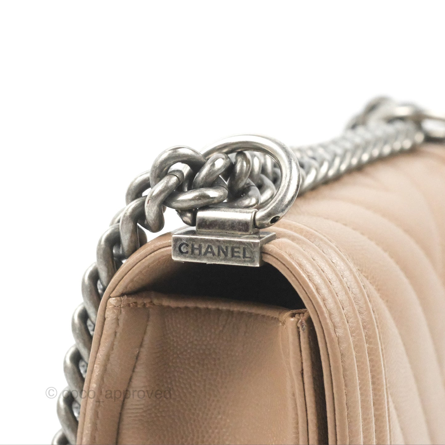 Chanel Small Chevron Boy Taupe Caviar Ruthenium Hardware