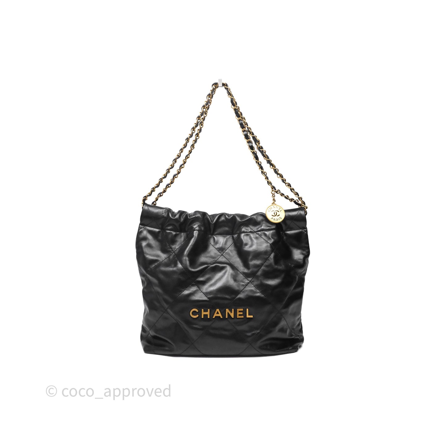 Chanel 22 Bag Small Black Shiny Calfskin Aged Gold Hardware