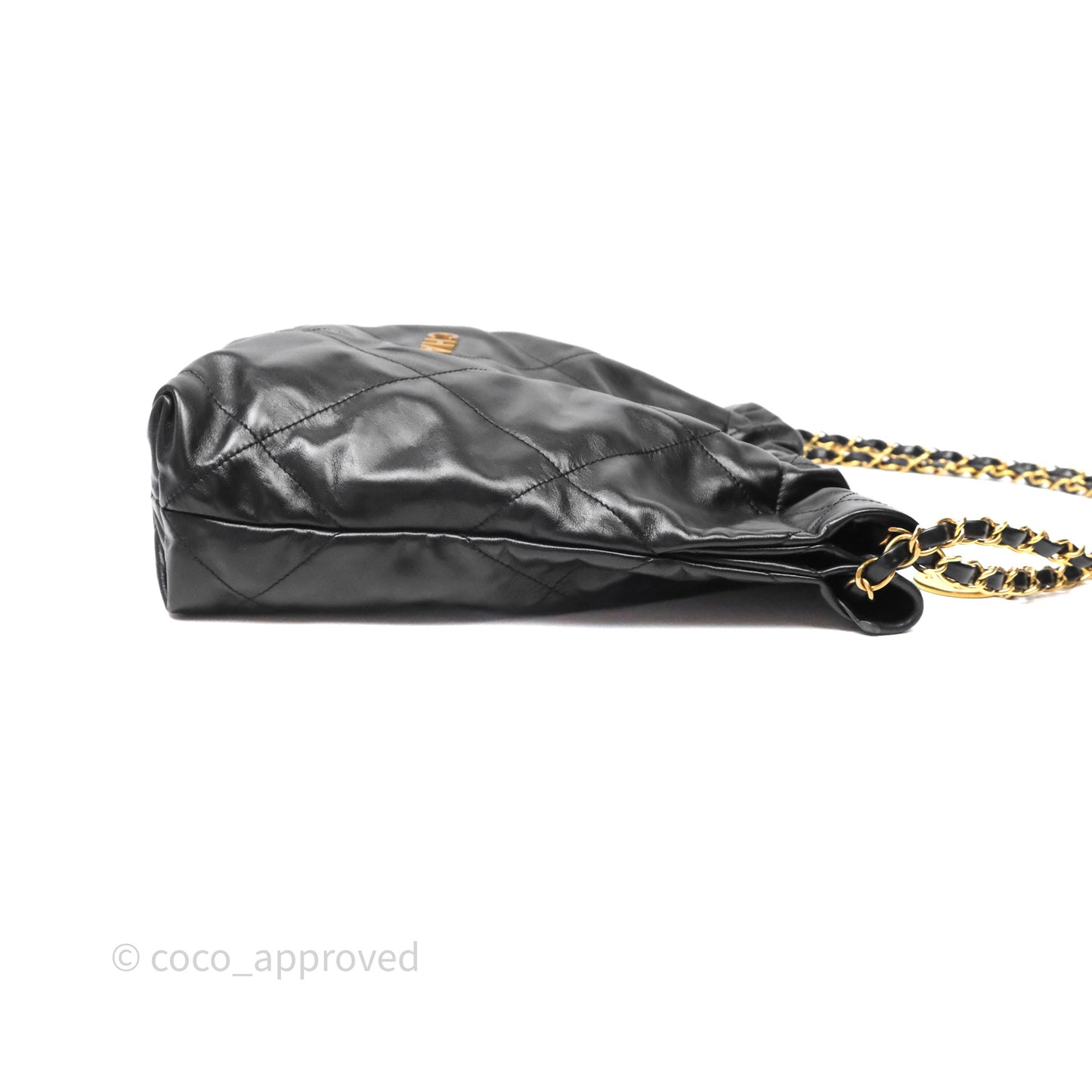 Chanel 22 Bag Small Black Shiny Calfskin Aged Gold Hardware