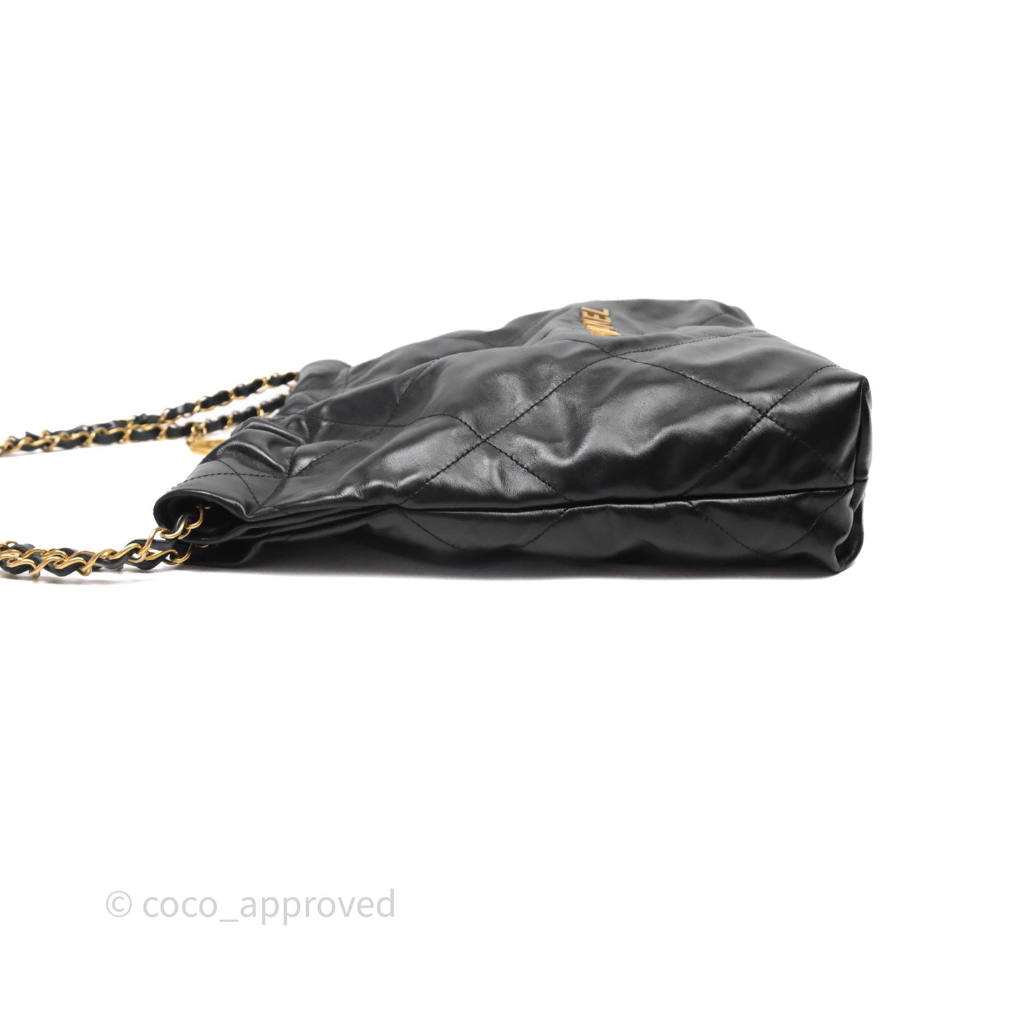 Chanel 22 Bag Small Black Shiny Calfskin Aged Gold Hardware