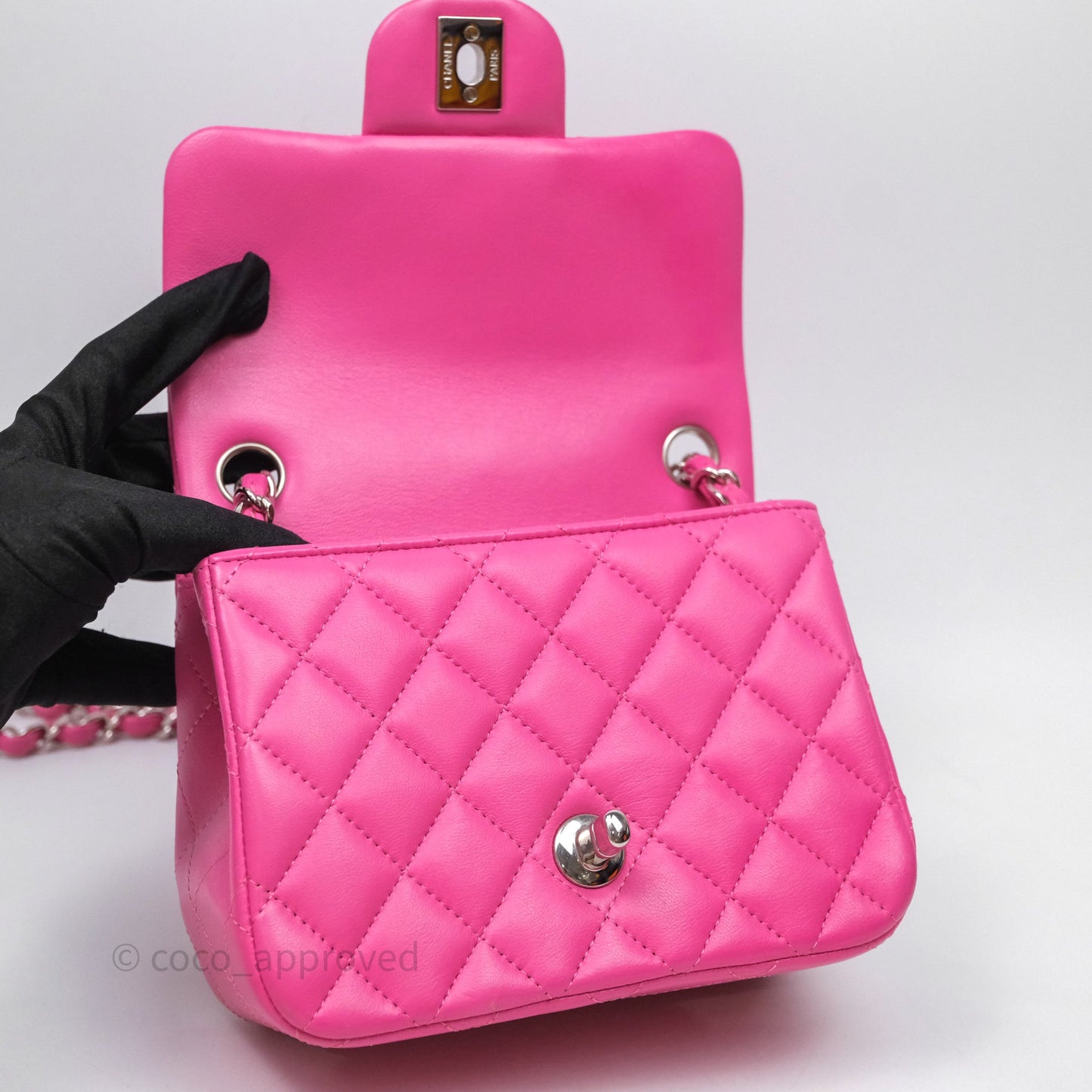 Chanel Mini Square Flap Quilted Pink Lambskin Silver Hardware
