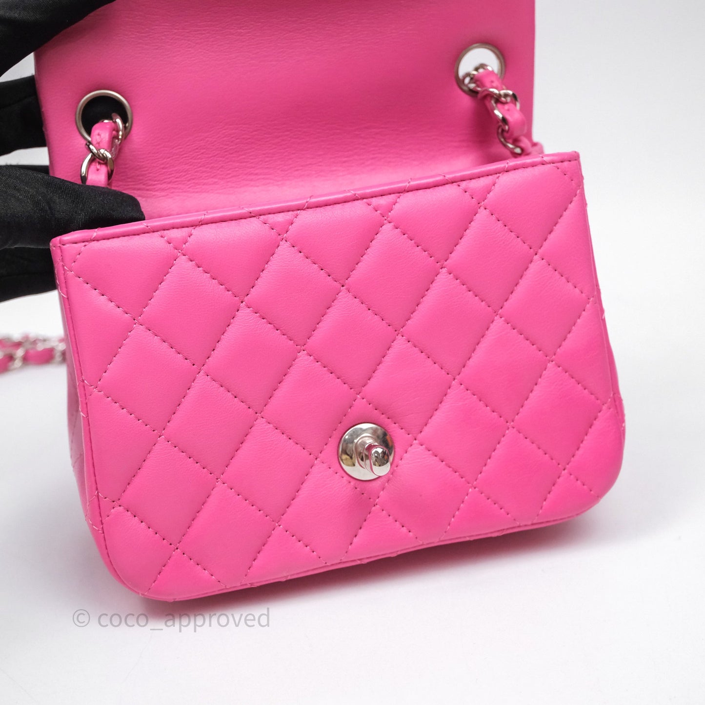 Chanel Mini Square Flap Quilted Pink Lambskin Silver Hardware
