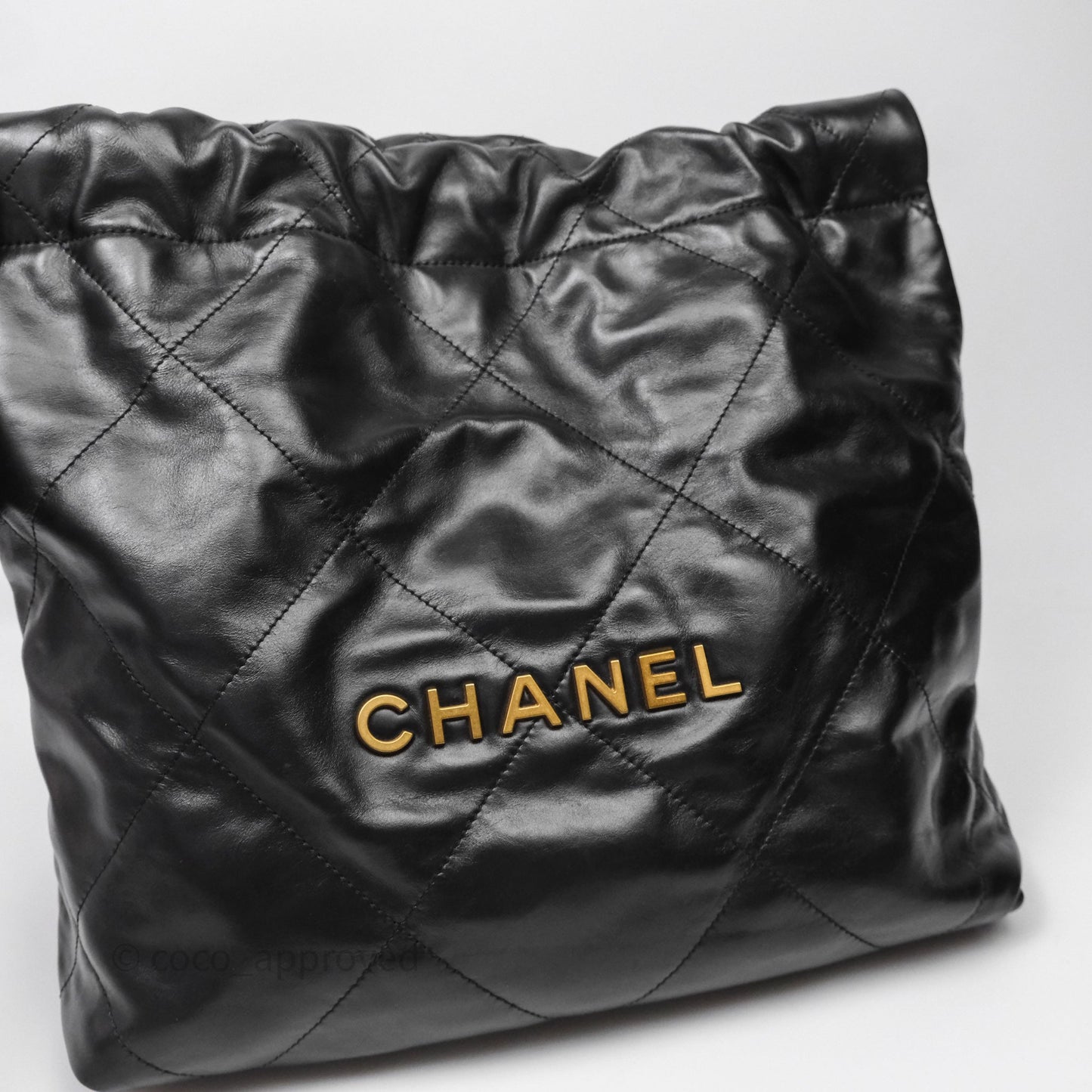 Chanel 22 Bag Small Black Shiny Calfskin Aged Gold Hardware