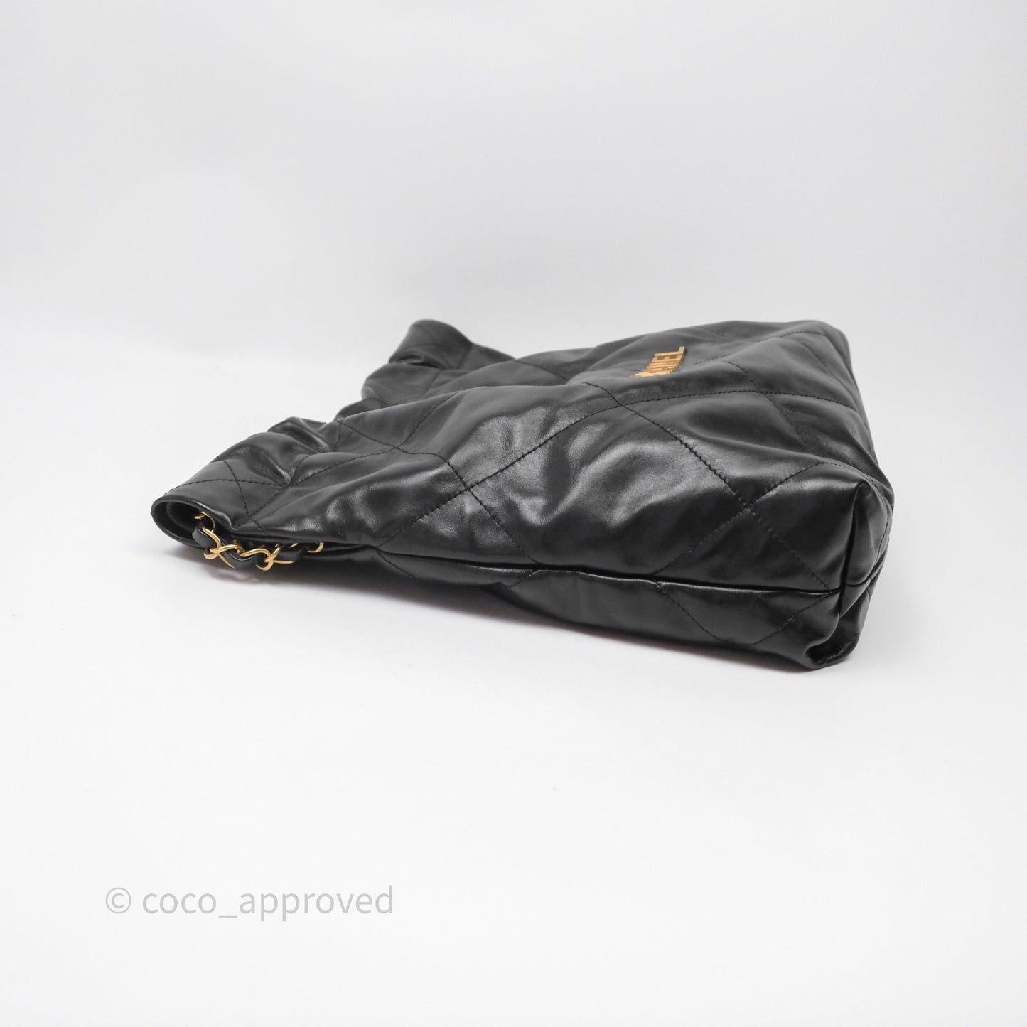 Chanel 22 Bag Small Black Shiny Calfskin Aged Gold Hardware
