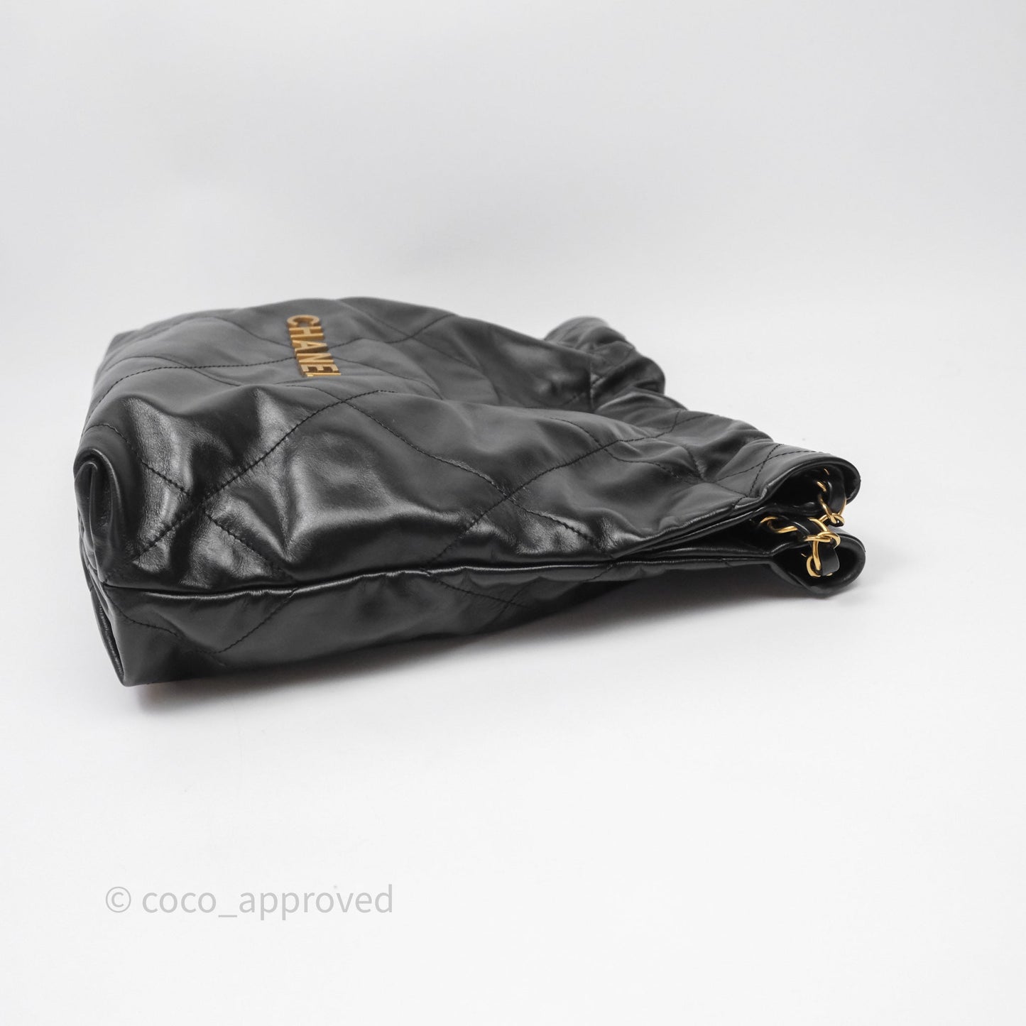 Chanel 22 Bag Small Black Shiny Calfskin Aged Gold Hardware