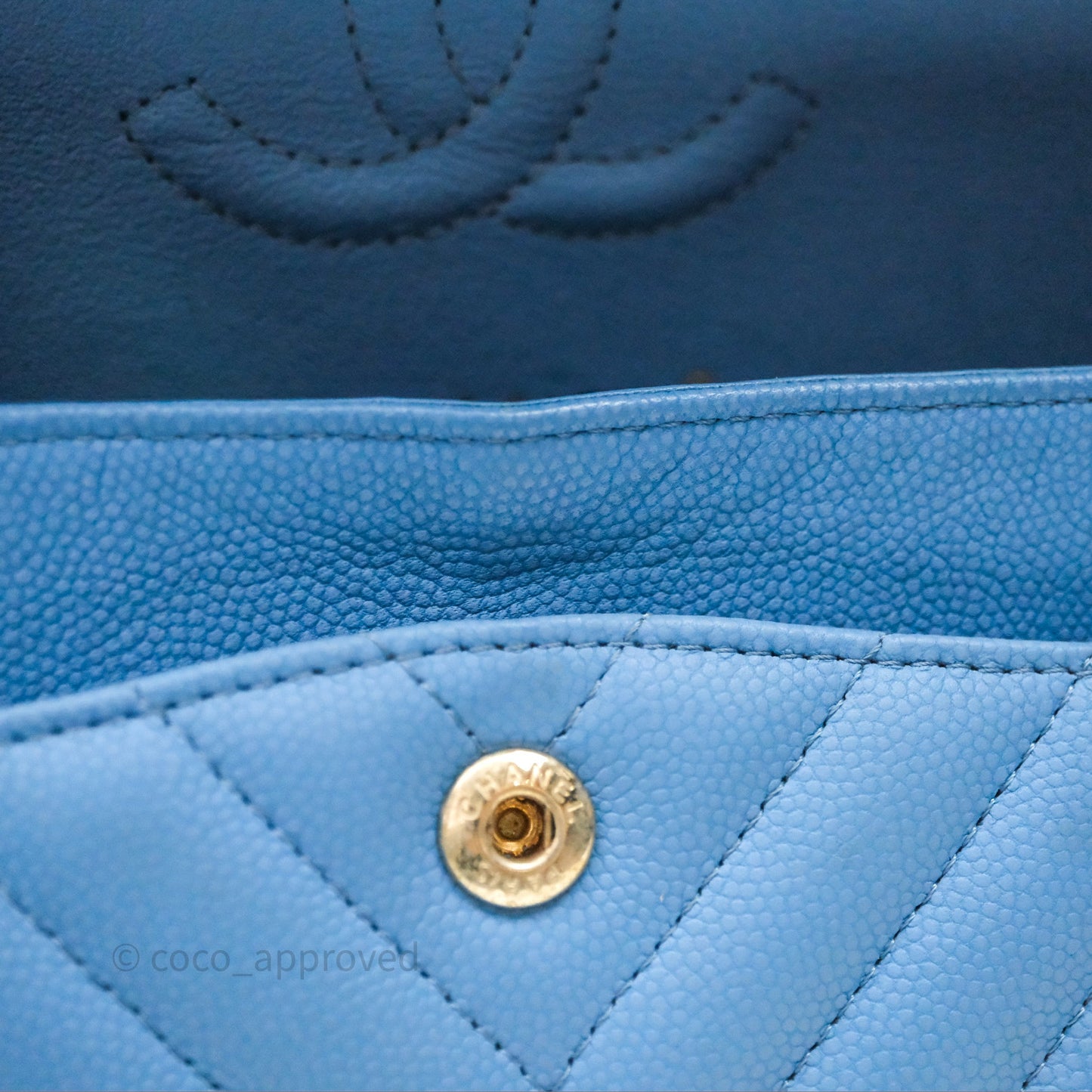 Chanel Small Classic Flap Chevron Blue Caviar Gold Hardware