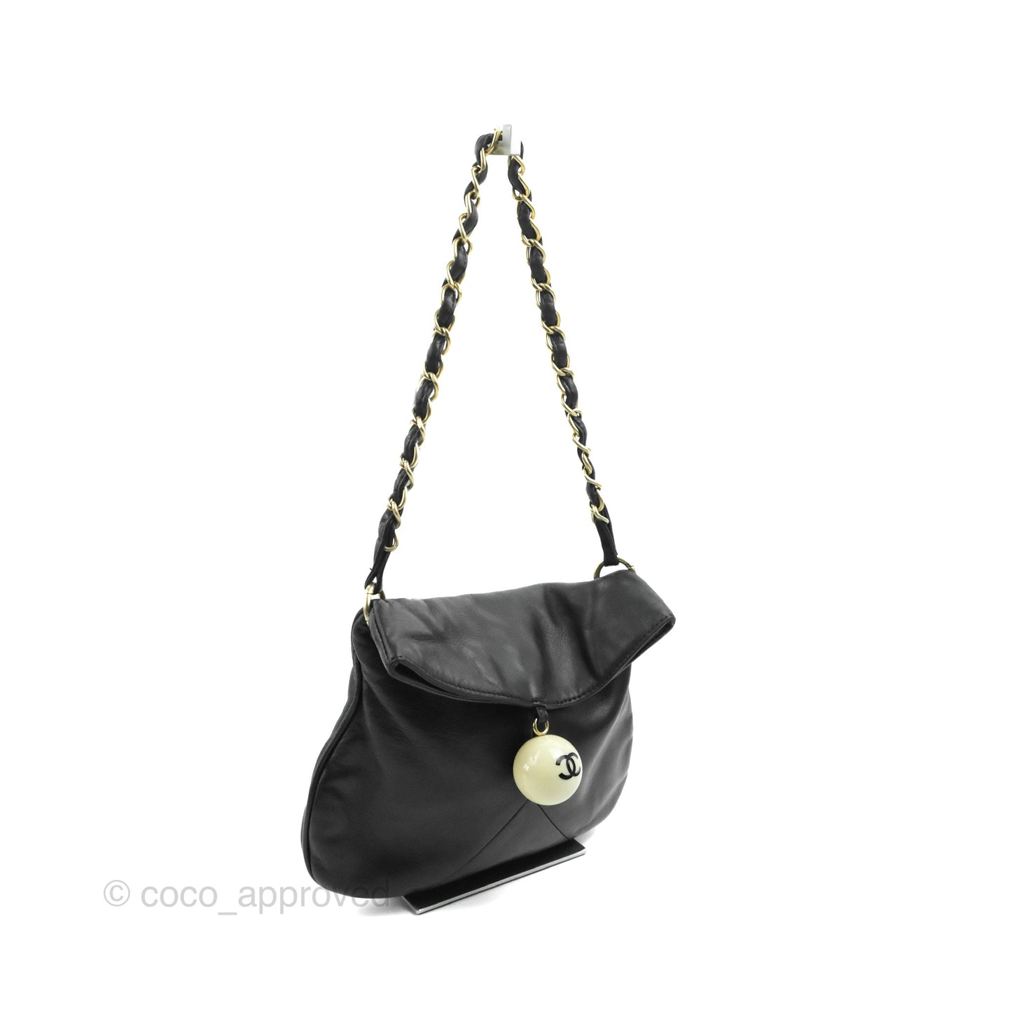 Chanel Vintage Coco Ball Fold Over Bag Black Leather Matte Gold Hardware