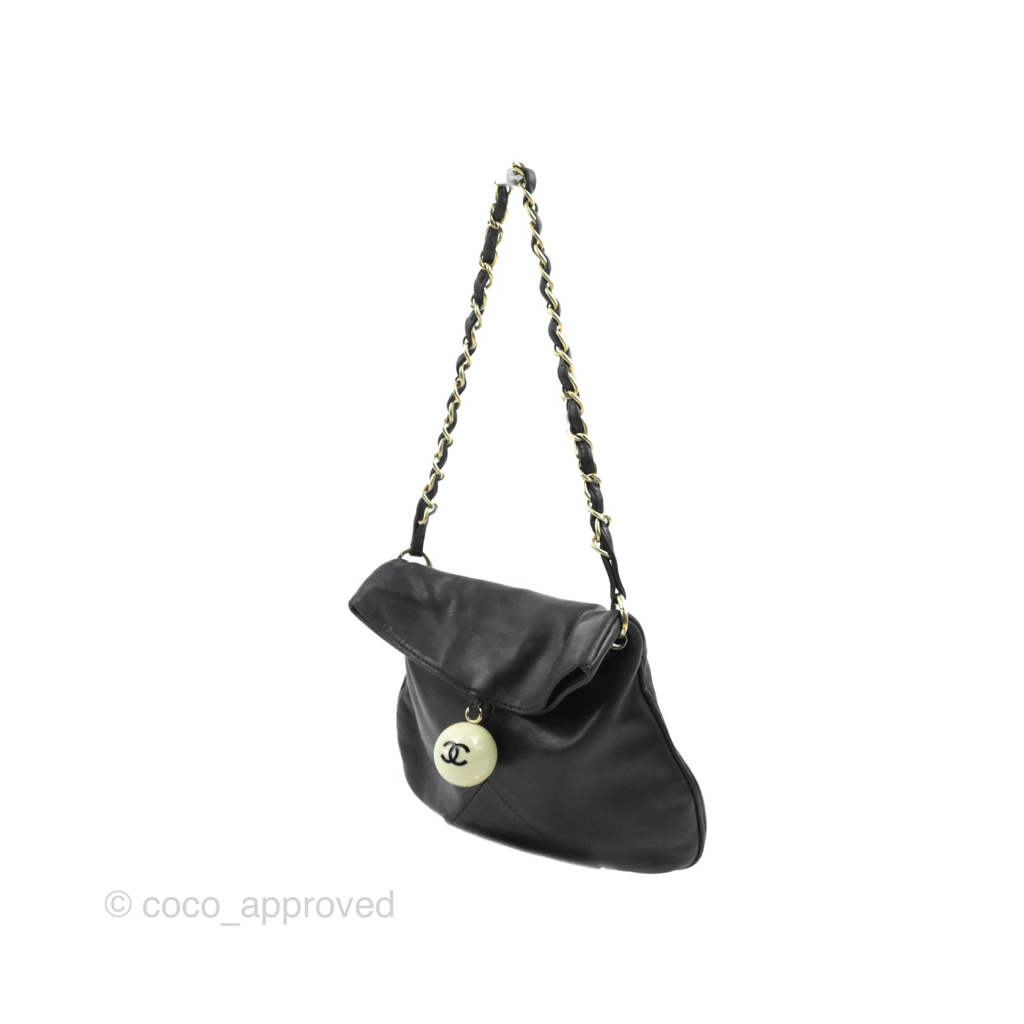 Chanel Vintage Coco Ball Fold Over Bag Black Leather Matte Gold Hardware
