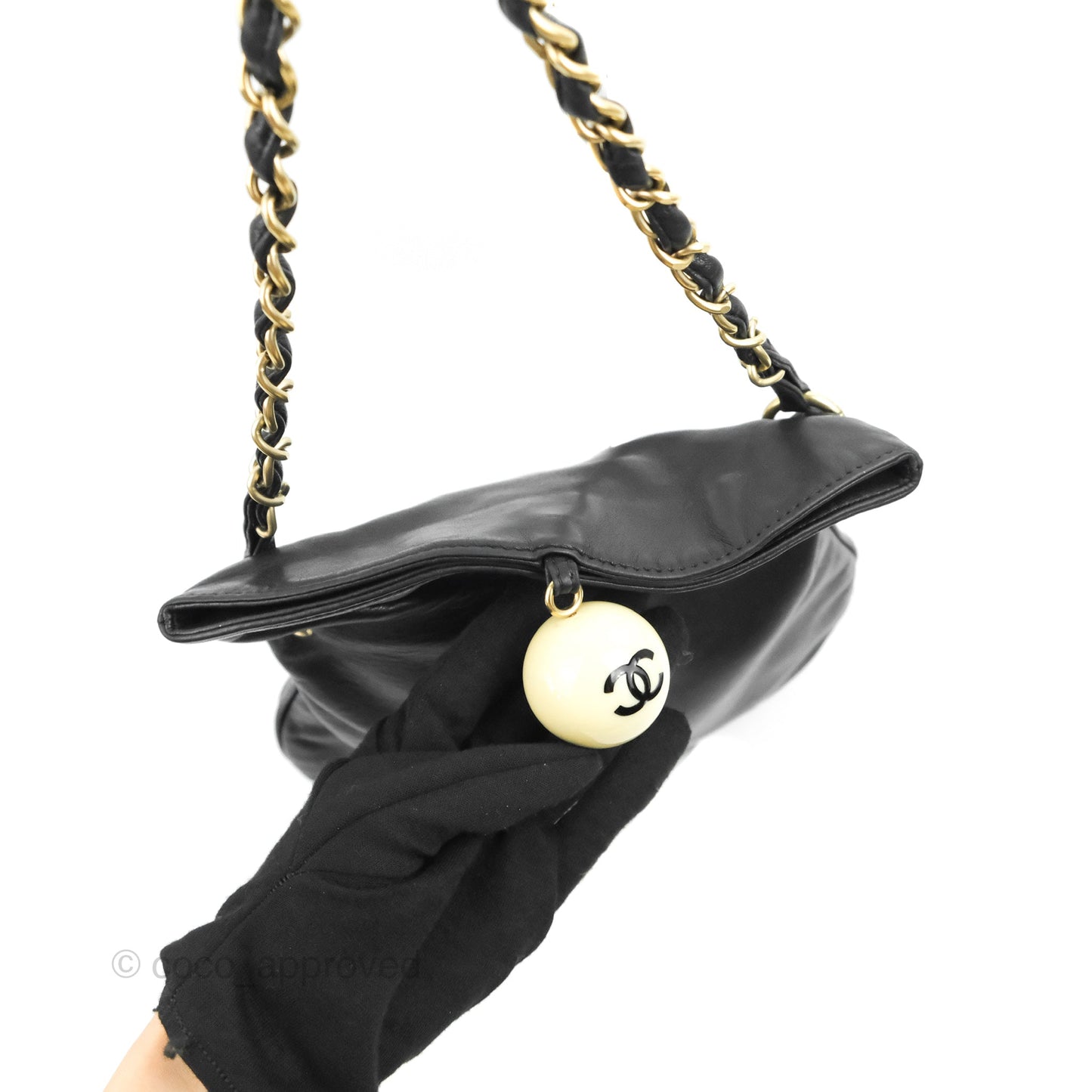 Chanel Vintage Coco Ball Fold Over Bag Black Leather Matte Gold Hardware