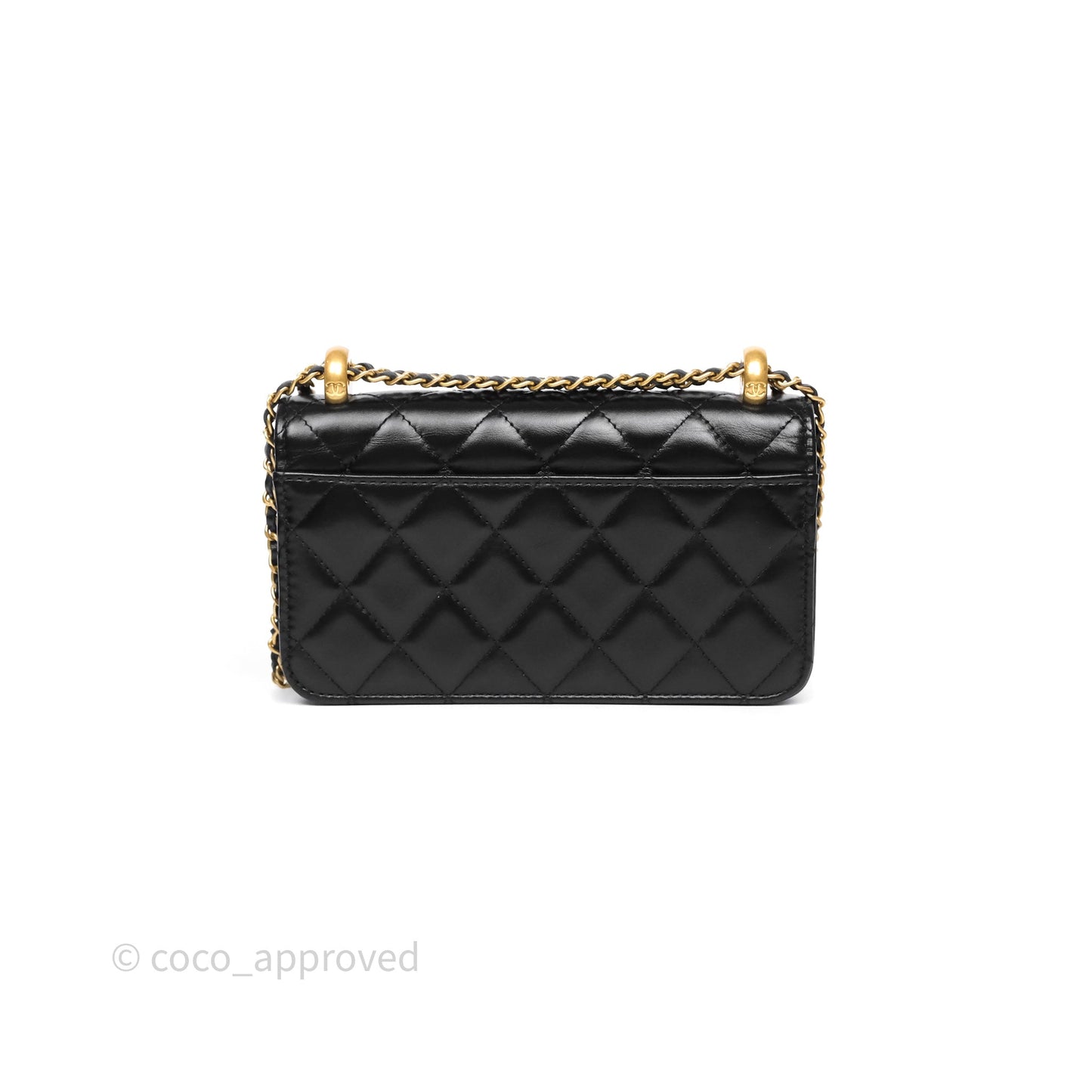 Chanel Quilted Perfect Fit Adjustable Phone Holder Black Calfskin Aged Gold Hardware