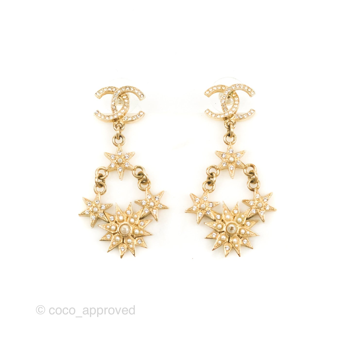 Chanel Crystal CC Drop Earrings Gold Tone 15A