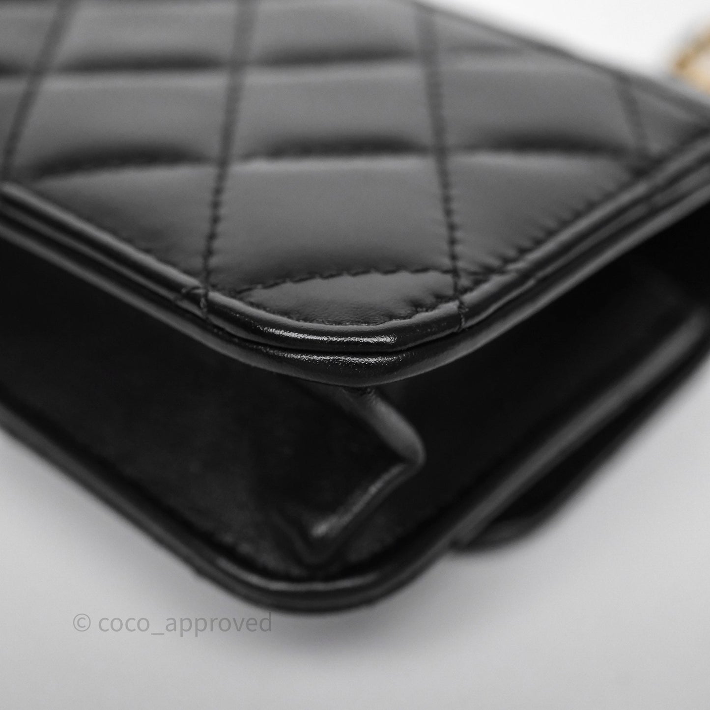 Chanel Quilted Perfect Fit Adjustable Phone Holder Black Calfskin Aged Gold Hardware