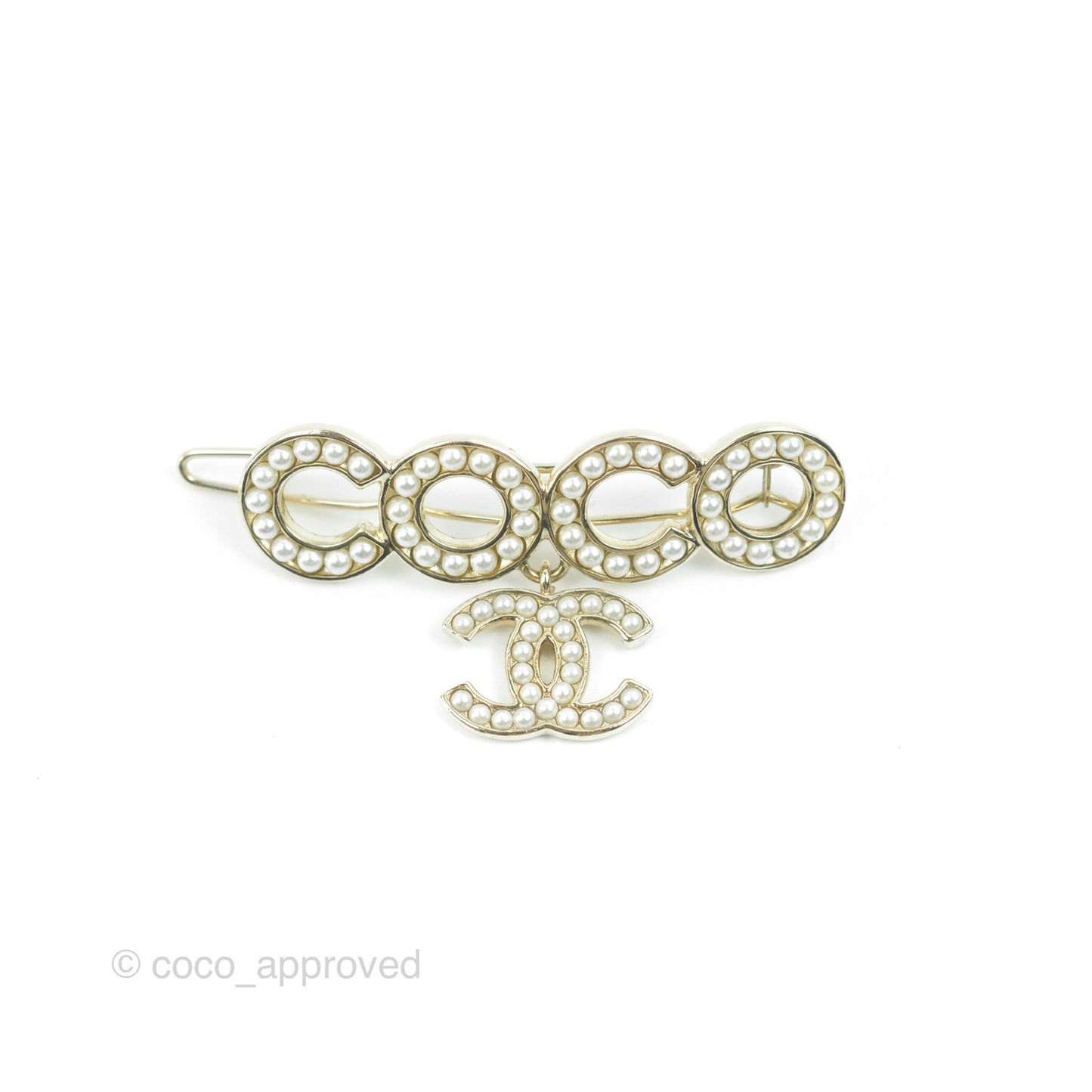 Chanel Pearl COCO CC Hair Clip Barrette Gold Tone 21P