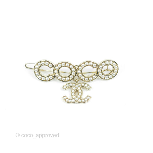 Chanel Pearl COCO CC Hair Clip Barrette Gold Tone 21P