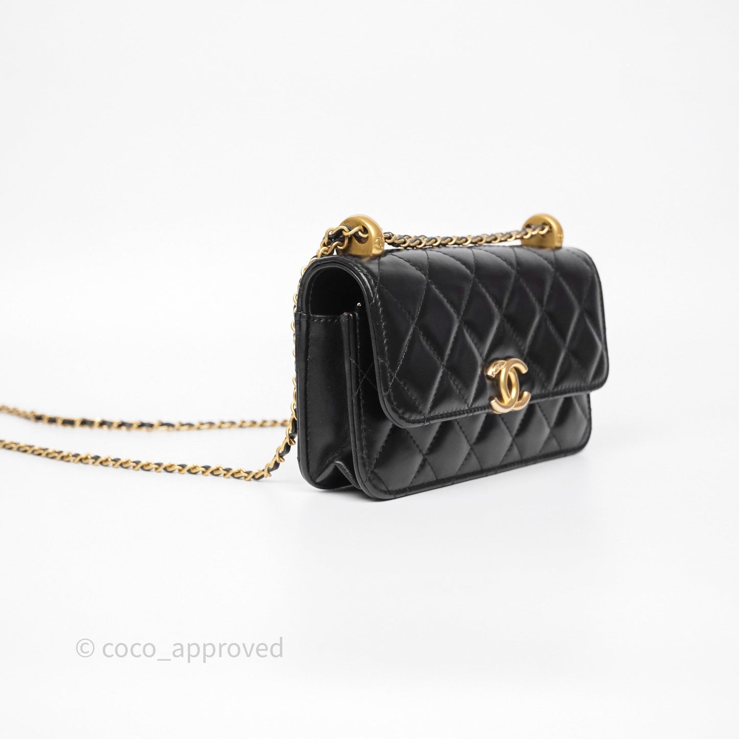 Chanel Quilted Perfect Fit Adjustable Phone Holder Black Calfskin Aged Gold Hardware
