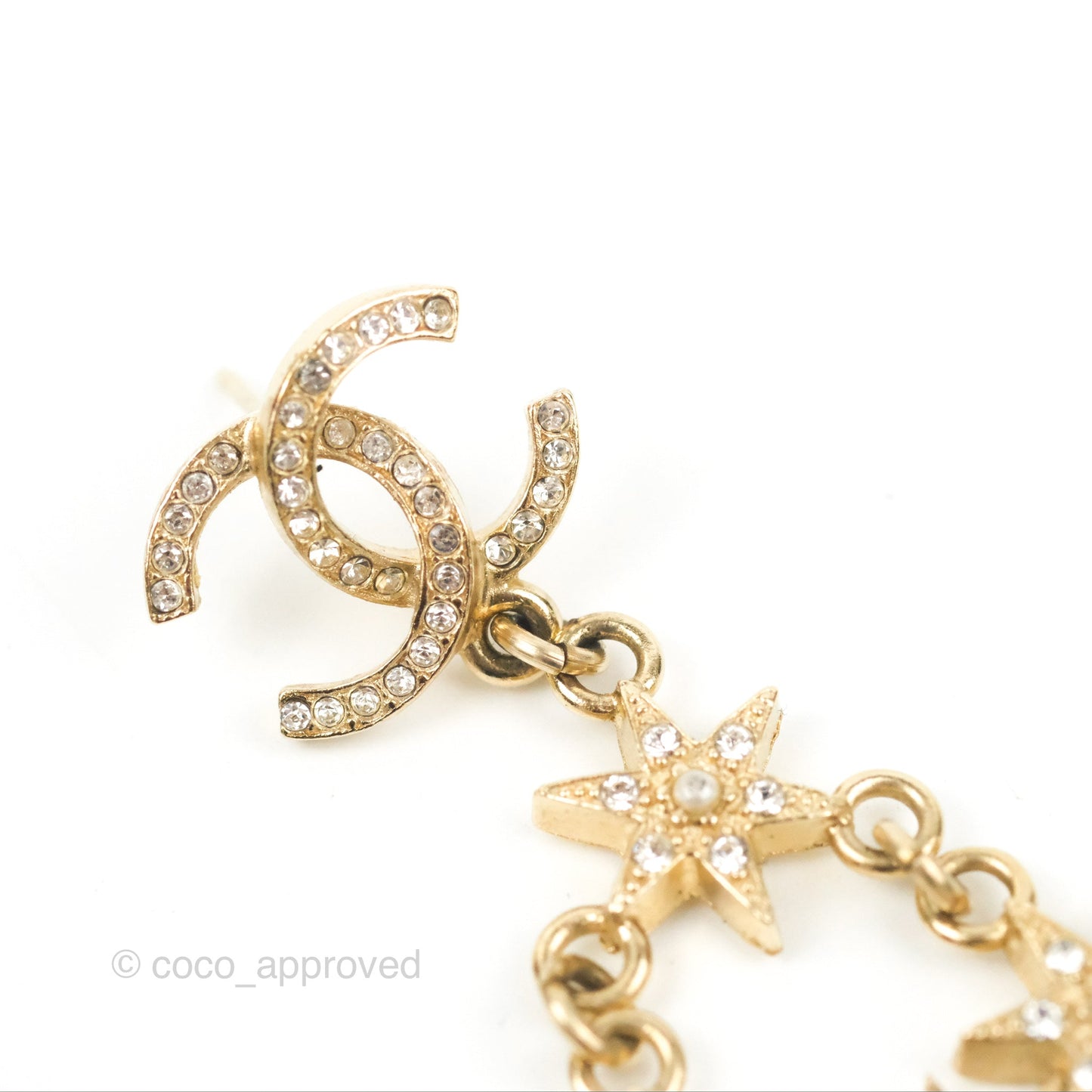 Chanel Crystal CC Drop Earrings Gold Tone 15A