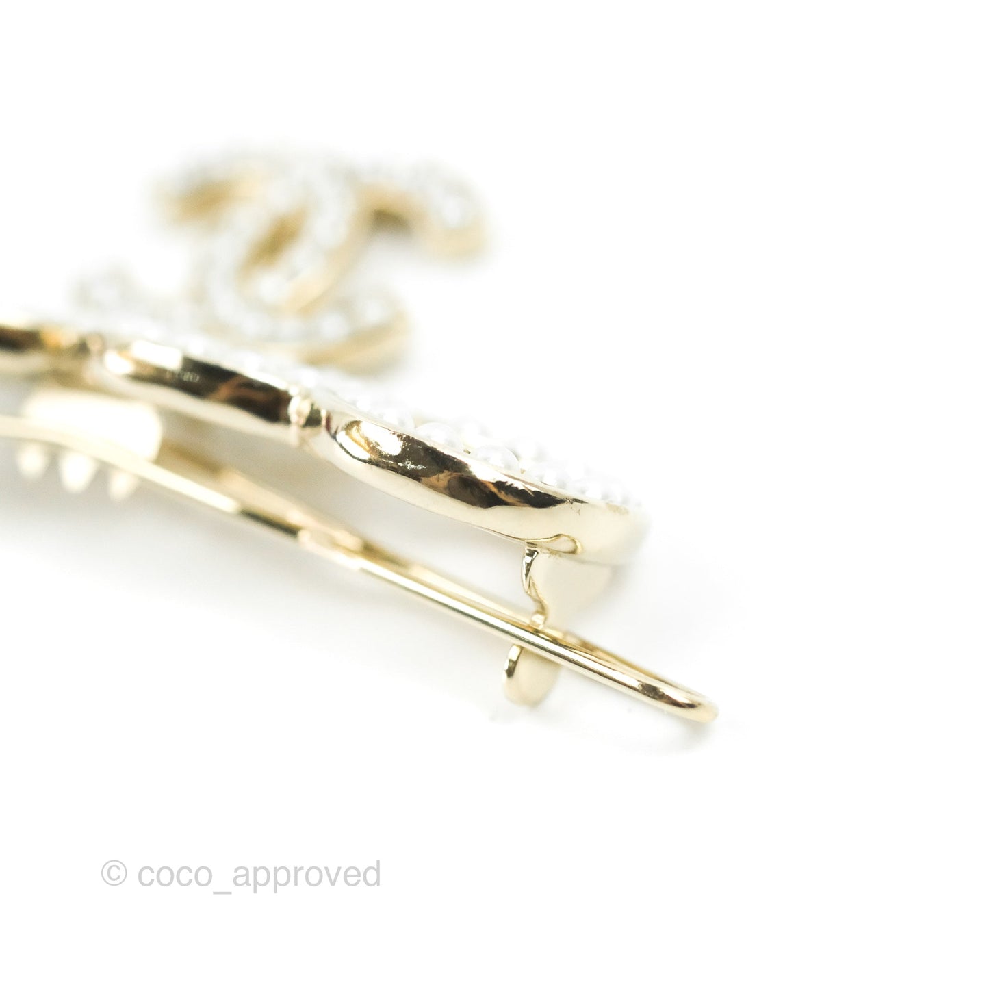 Chanel Pearl COCO CC Hair Clip Barrette Gold Tone 21P