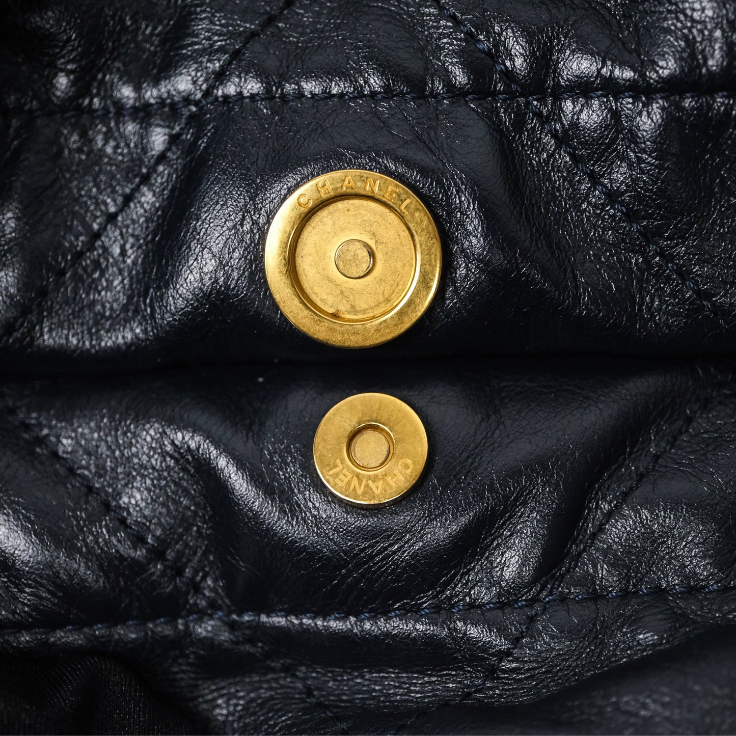 Chanel 22 Small Navy Shiny Calfskin Aged Gold Hardware
