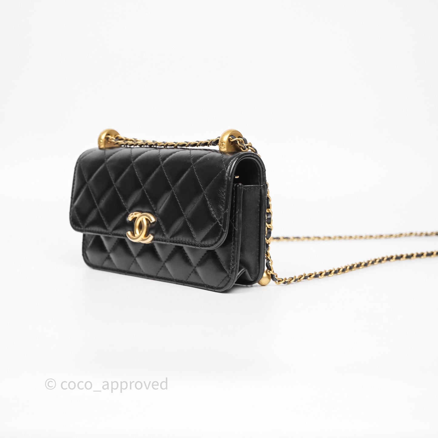 Chanel Quilted Perfect Fit Adjustable Phone Holder Black Calfskin Aged Gold Hardware