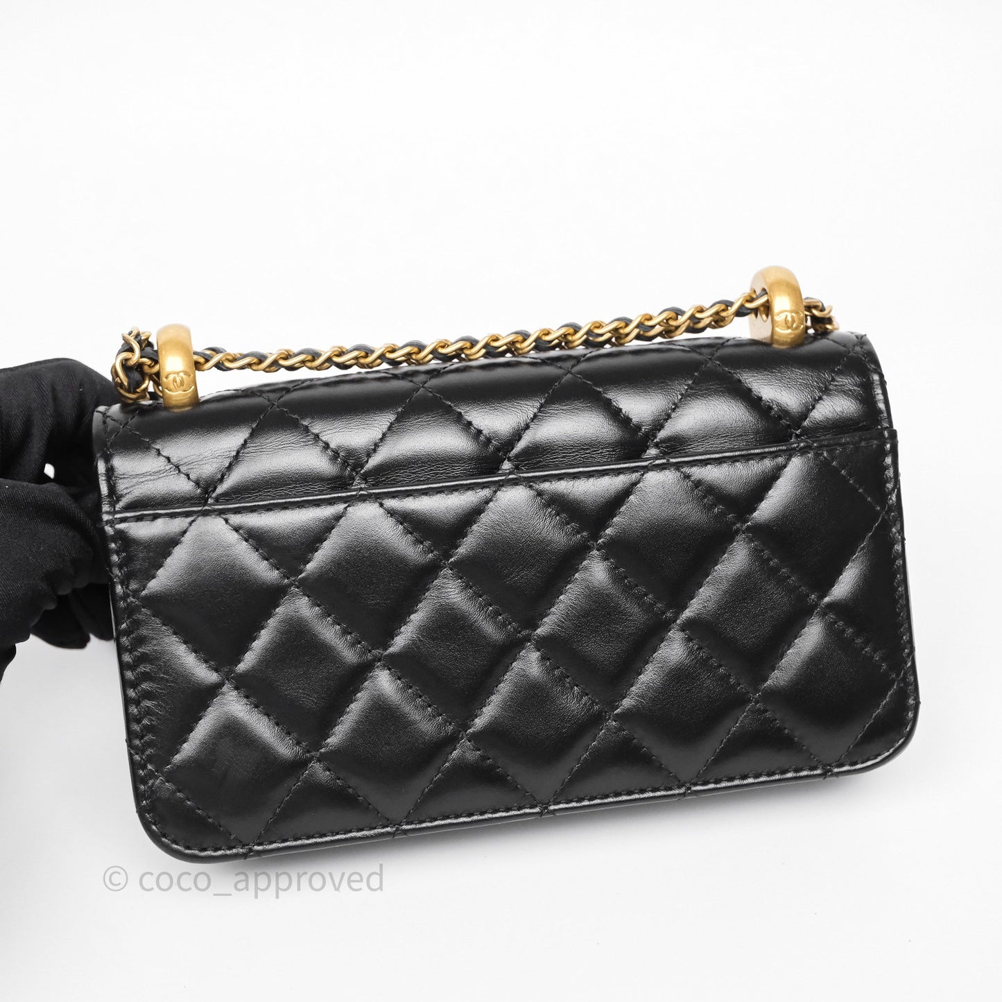 Chanel Quilted Perfect Fit Adjustable Phone Holder Black Calfskin Aged Gold Hardware