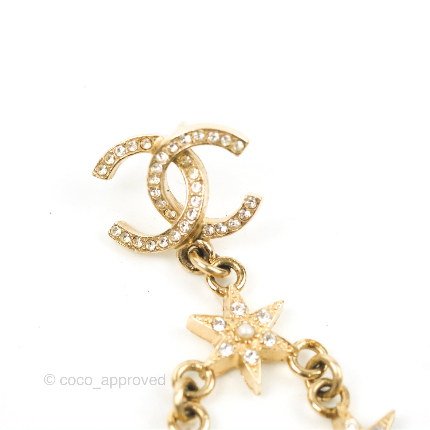 Chanel Crystal CC Drop Earrings Gold Tone 15A