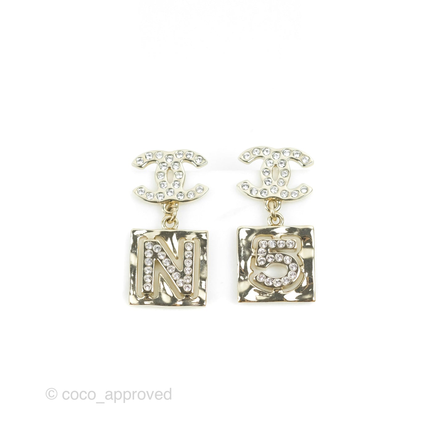 Chanel CC Crystal No.5 Drop Earrings Gold Tone 22S