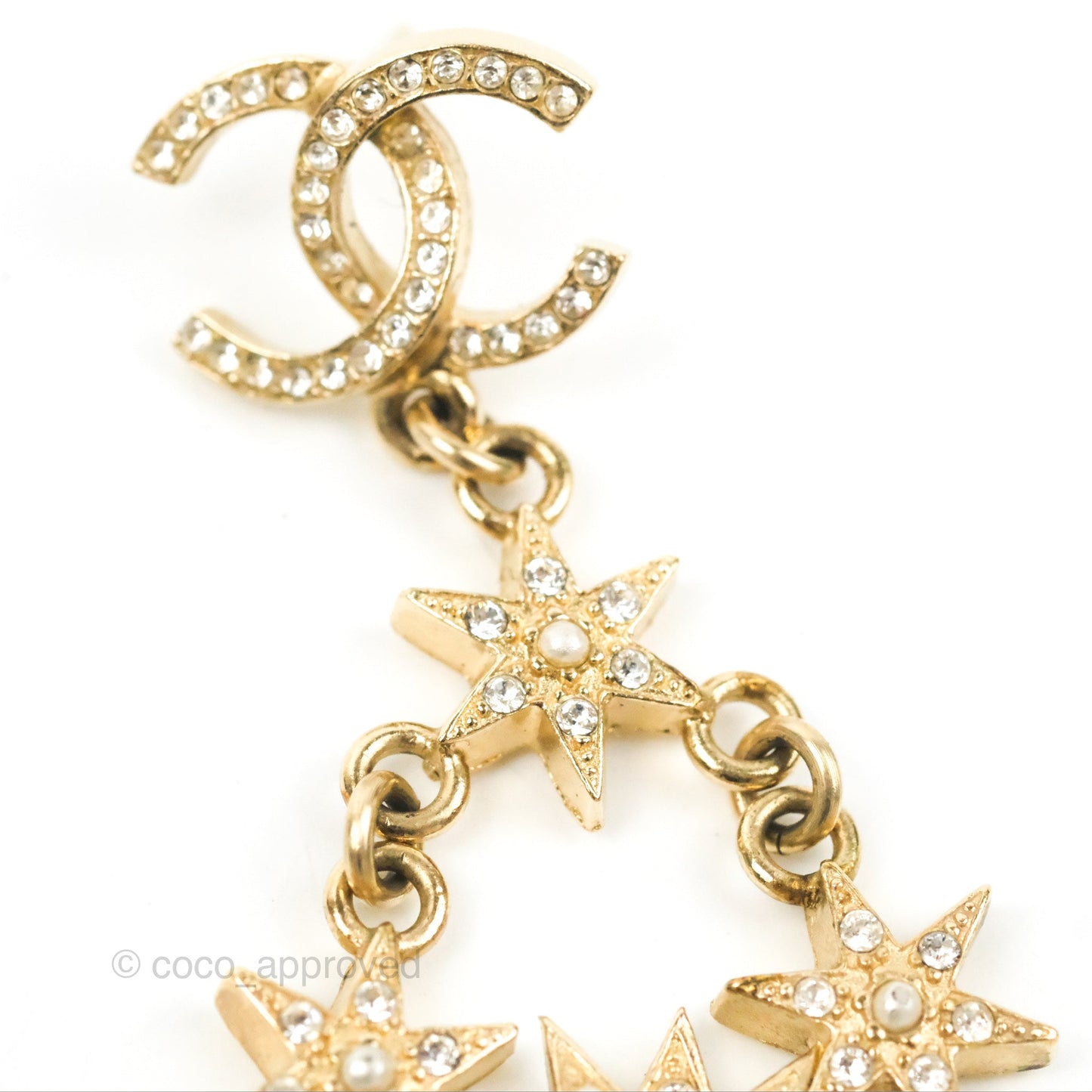 Chanel Crystal CC Drop Earrings Gold Tone 15A