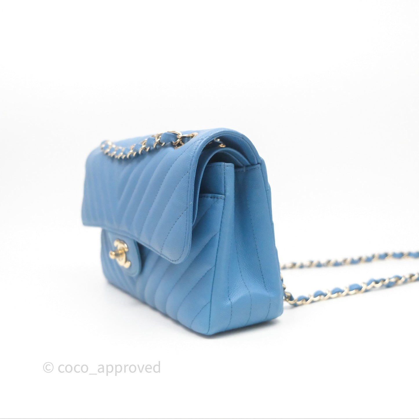 Chanel Small Classic Flap Chevron Blue Caviar Gold Hardware
