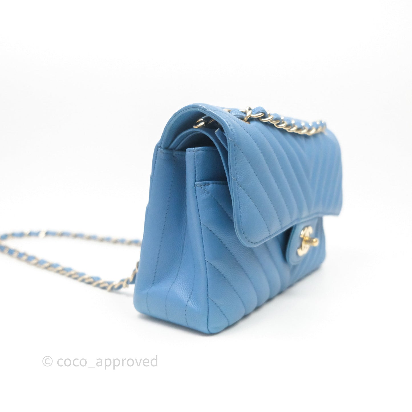 Chanel Small Classic Flap Chevron Blue Caviar Gold Hardware