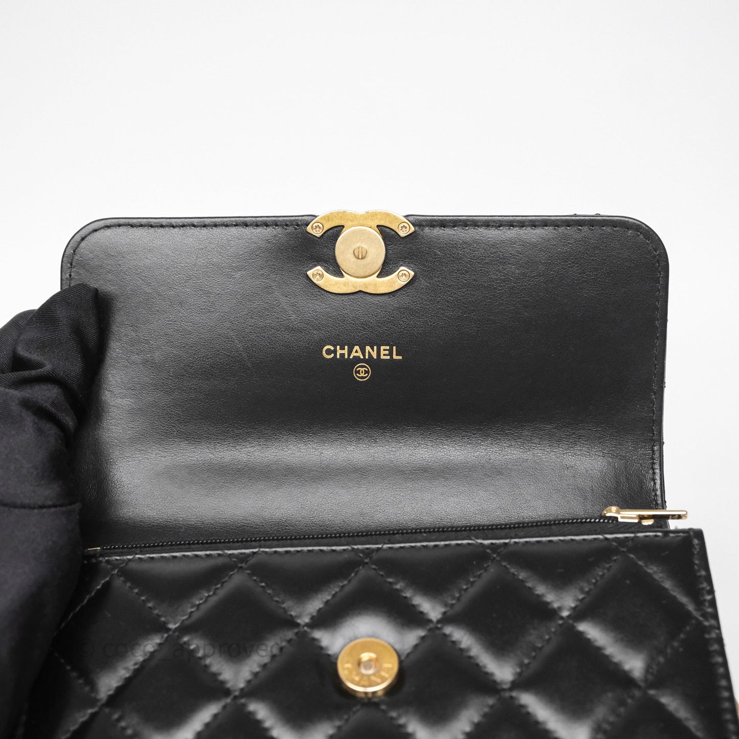 Chanel Quilted Perfect Fit Adjustable Phone Holder Black Calfskin Aged Gold Hardware