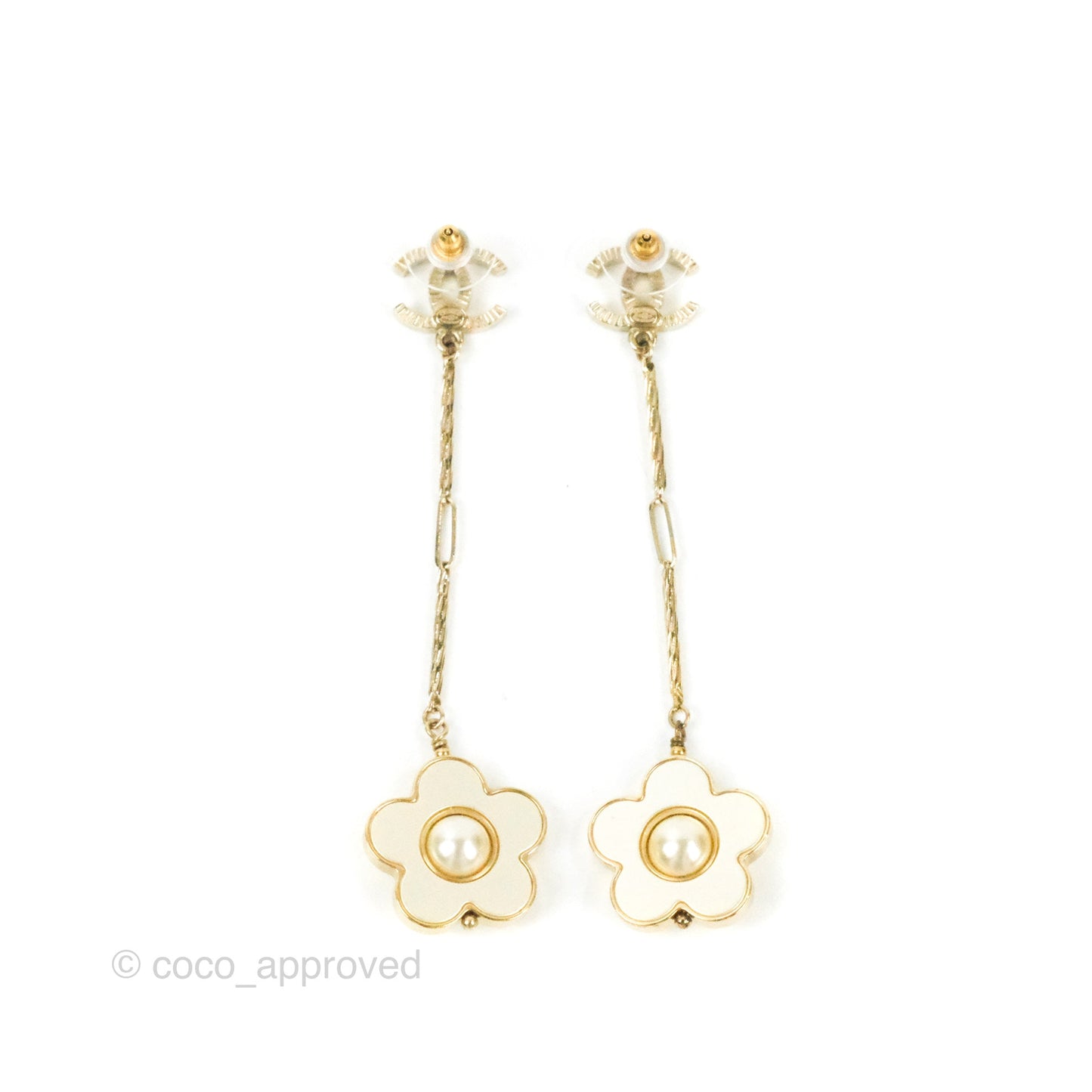 Chanel CC Flower Drop Earrings Gold Tone 18P