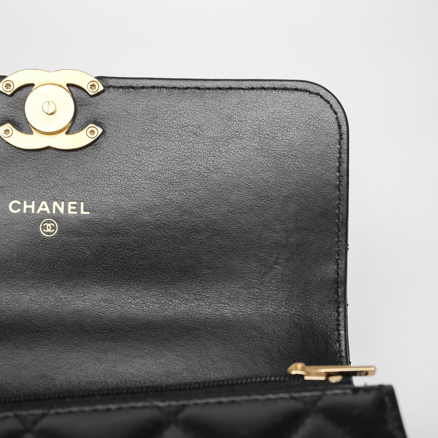Chanel Quilted Perfect Fit Adjustable Phone Holder Black Calfskin Aged Gold Hardware