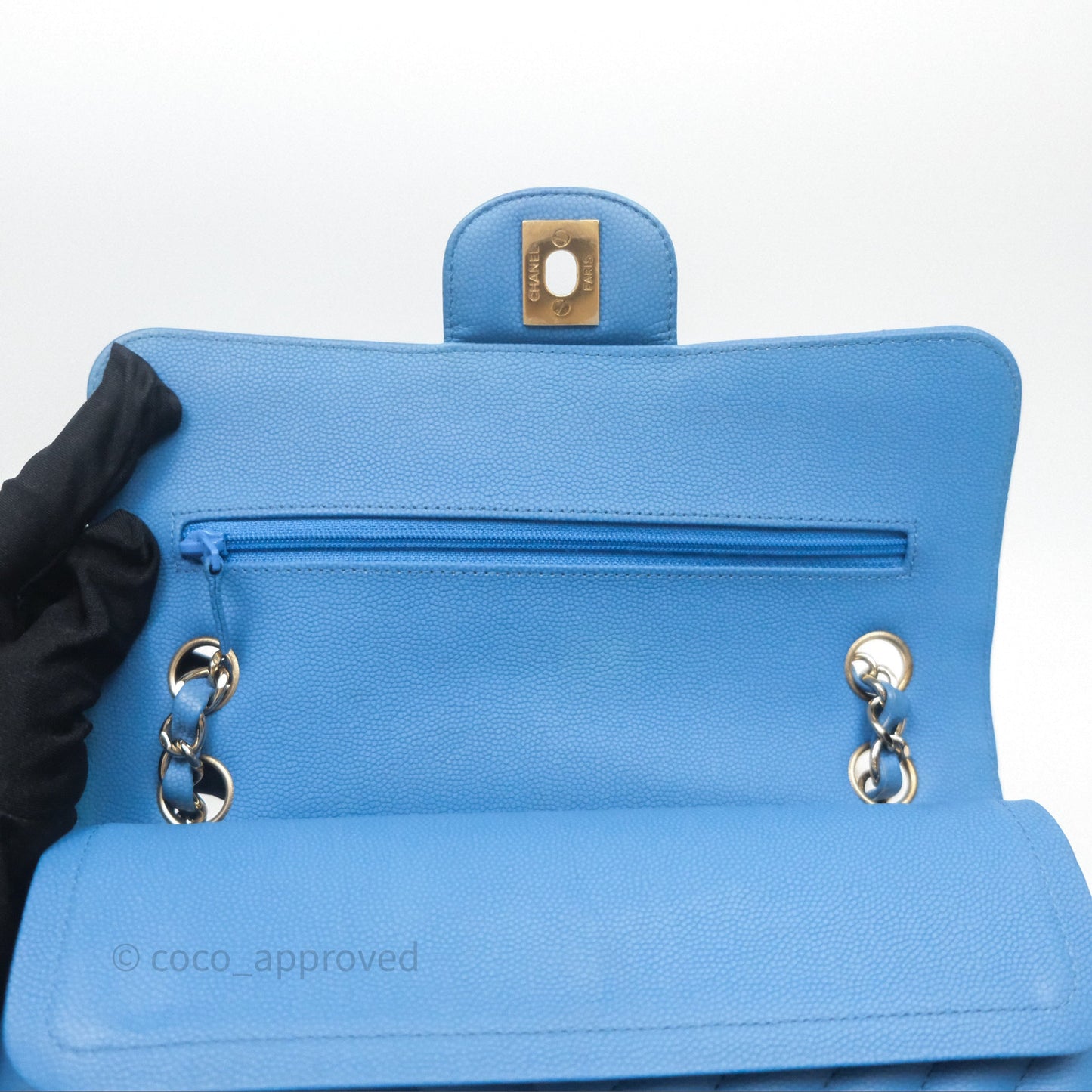 Chanel Small Classic Flap Chevron Blue Caviar Gold Hardware