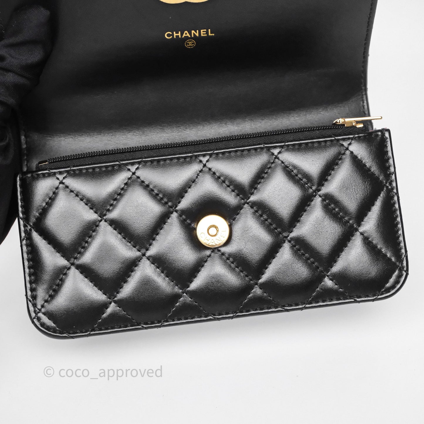 Chanel Quilted Perfect Fit Adjustable Phone Holder Black Calfskin Aged Gold Hardware