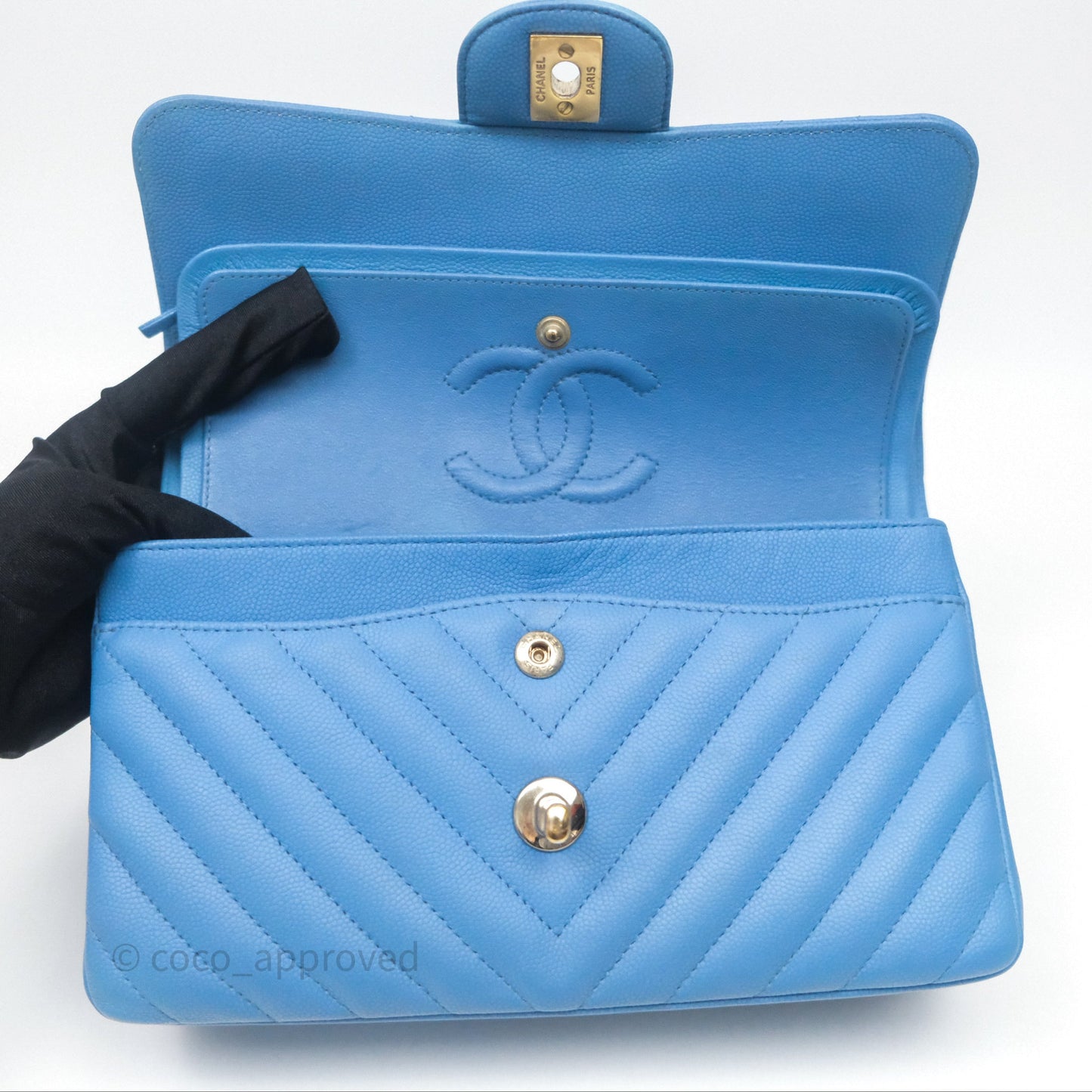 Chanel Small Classic Flap Chevron Blue Caviar Gold Hardware