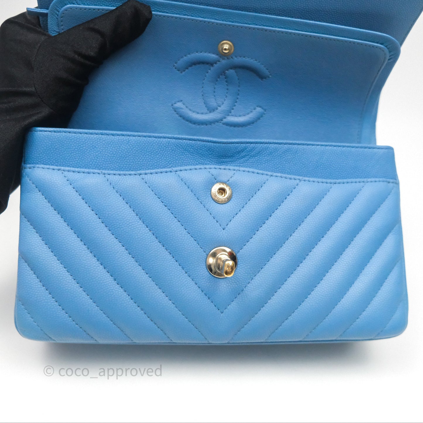 Chanel Small Classic Flap Chevron Blue Caviar Gold Hardware