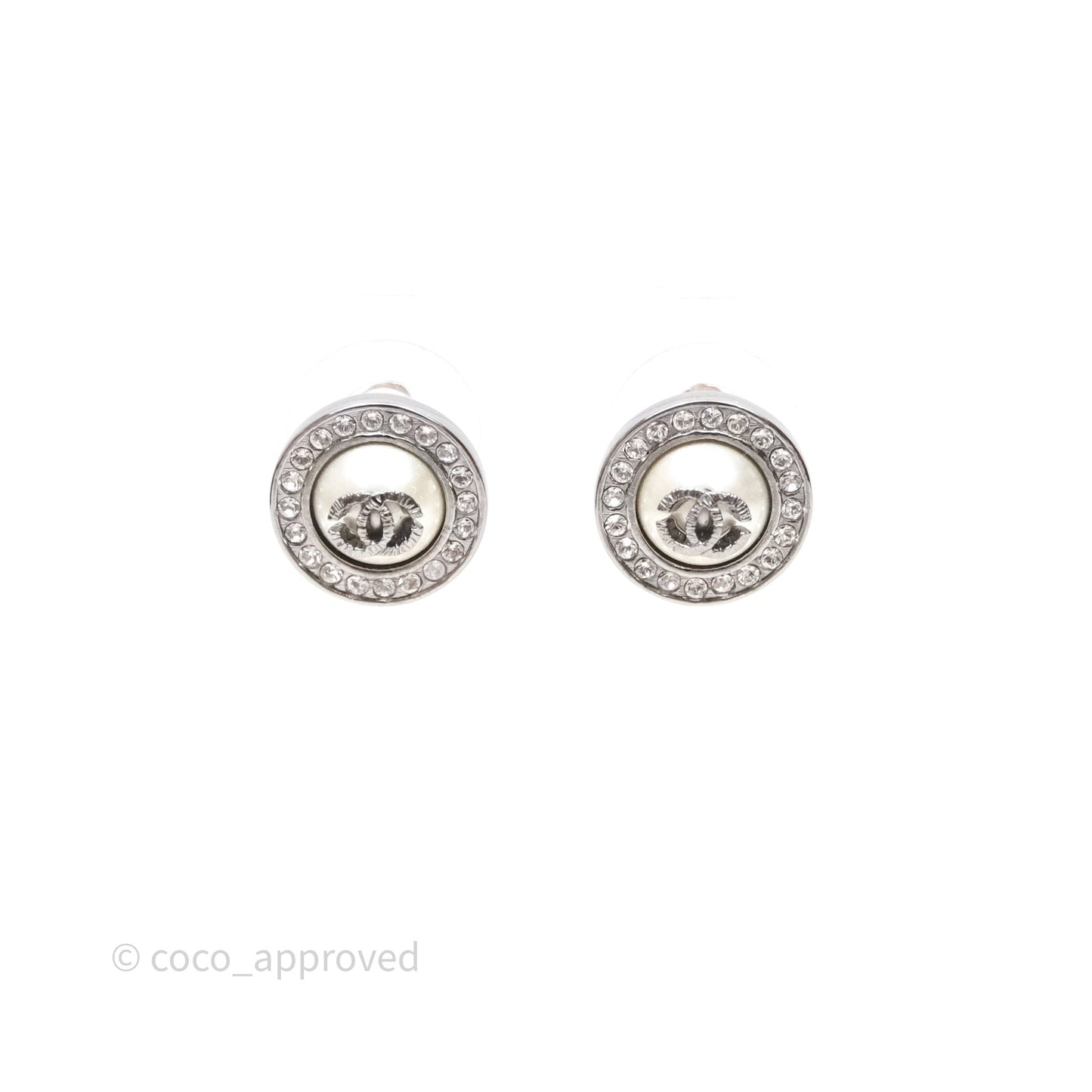 Chanel CC Crystal Round Earrings Silver Tone 21A