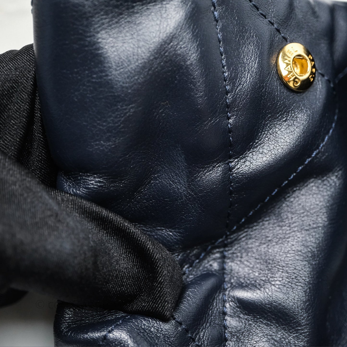 Chanel 22 Small Navy Shiny Calfskin Aged Gold Hardware