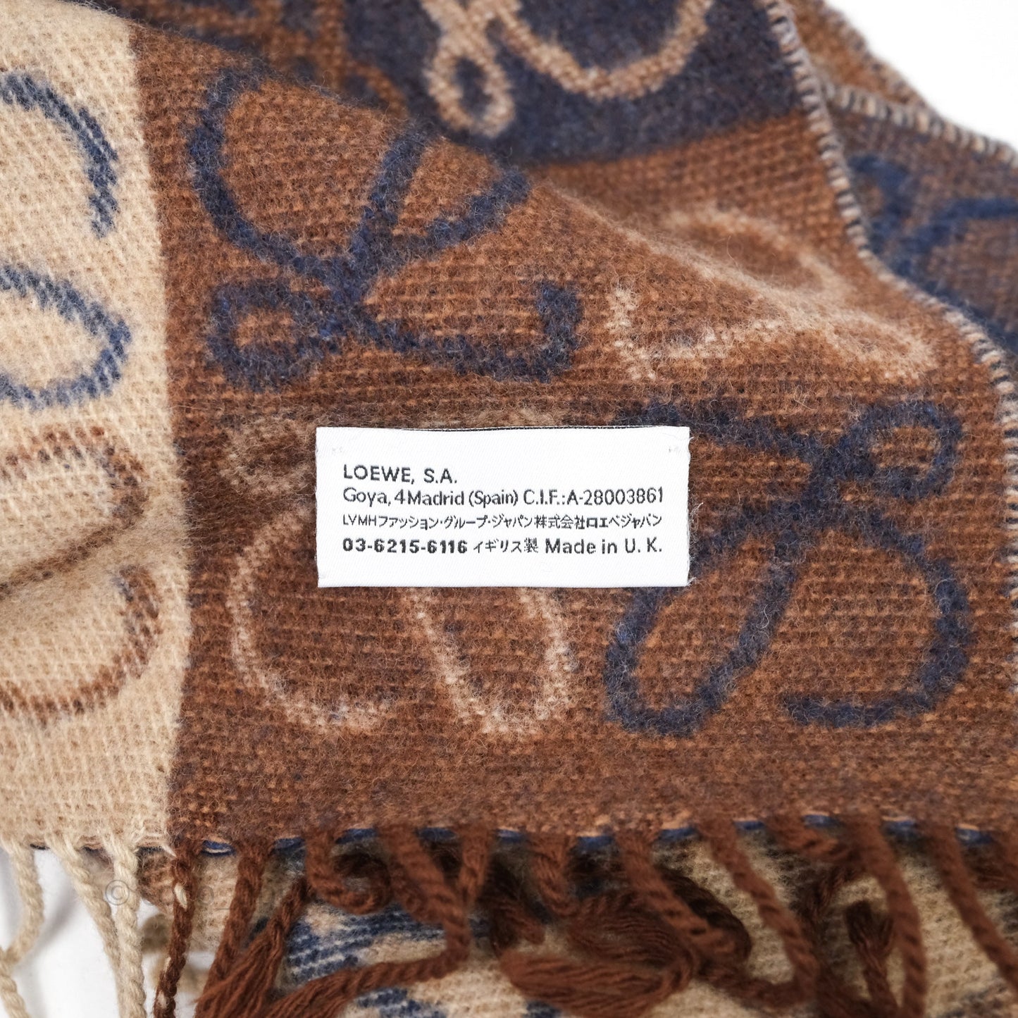 Loewe Brown Blue Wool Anagram Cashmere Scarf